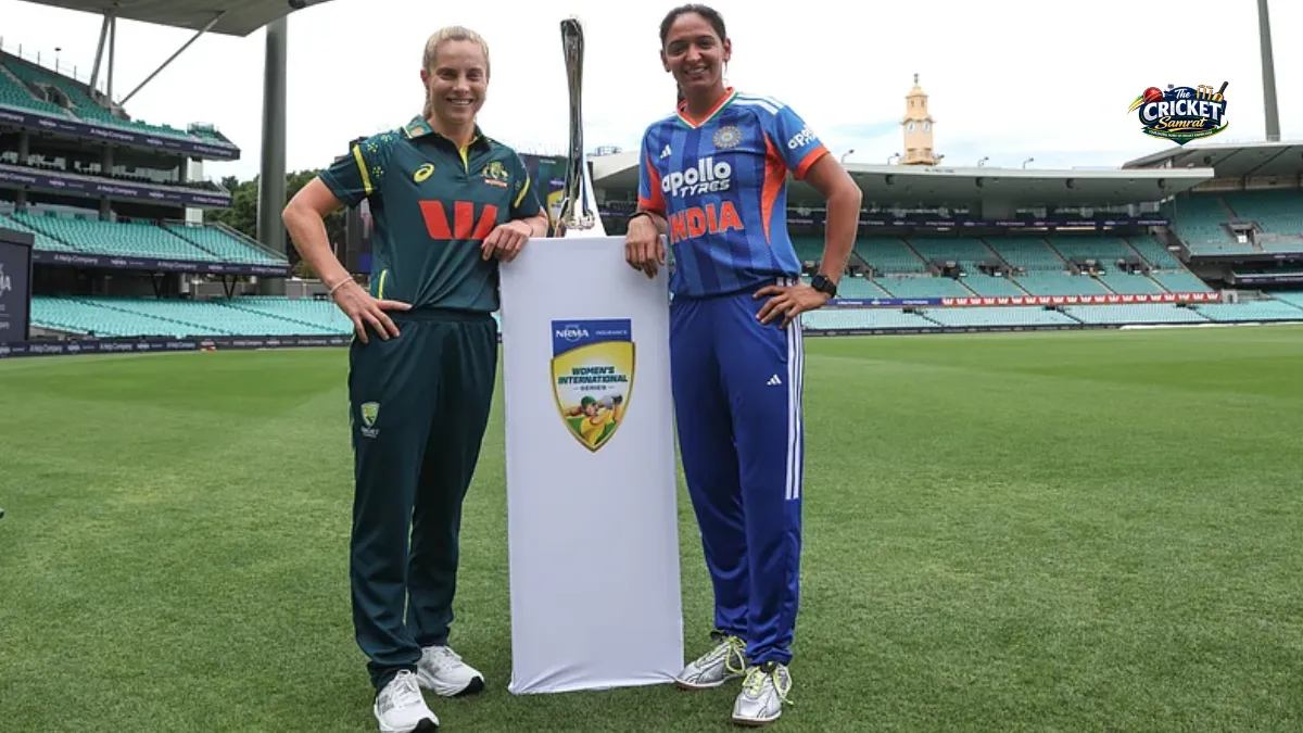 Indian and Australian women's cricket captains posing with the series trophy at Sydney Cricket Ground.