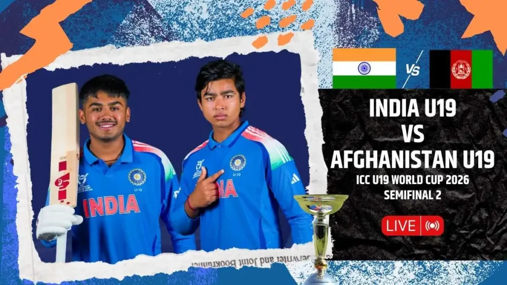 India U19 and Afghanistan U19 captains posing with bats before the World Cup semi-final.