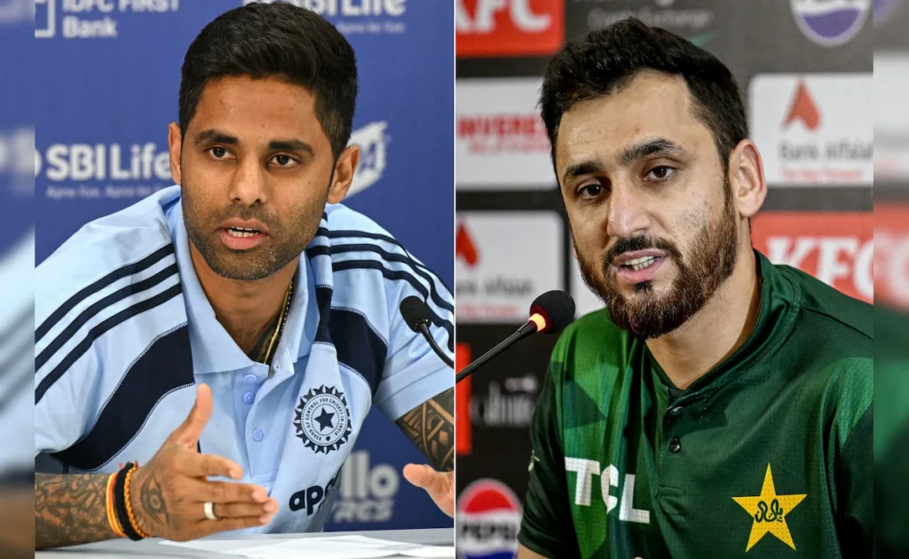 Split image of Suryakumar Yadav and Salman Ali Agha speaking at cricket press conferences.