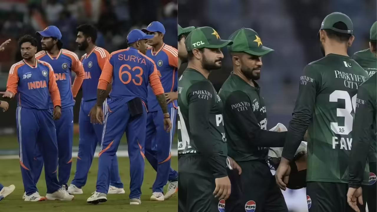 Indian and Pakistani cricket players shaking hands and interacting on the field after the Asia Cup match.
