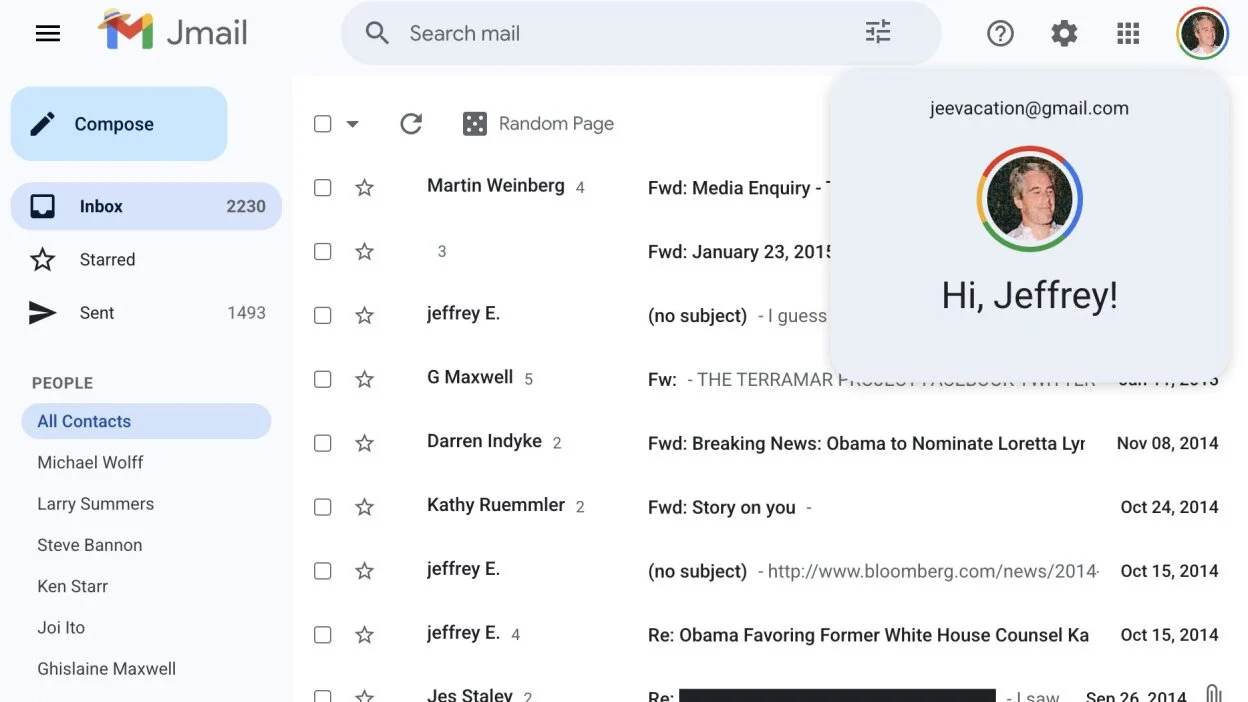 Screenshot of Jmail interface showing email threads with Elon Musk and names of Jeffrey Epstein's associates.