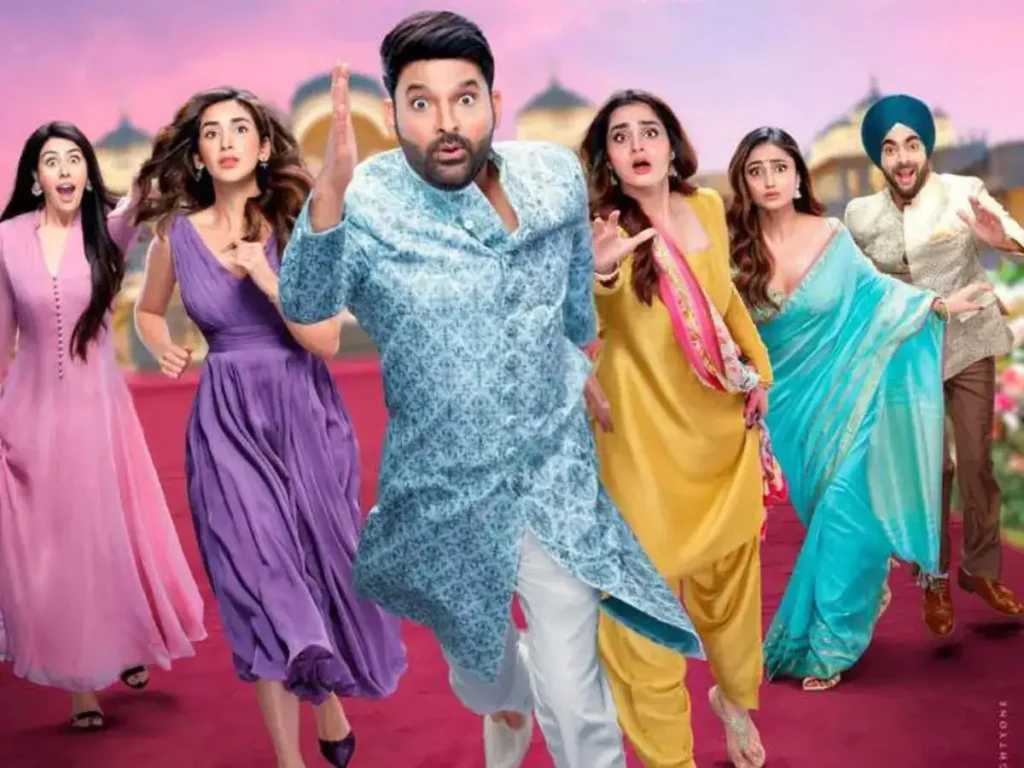 Kapil Sharma in a blue sherwani running away from female co-stars in a Kis Kisko Pyaar Karoon 2 movie poster.
