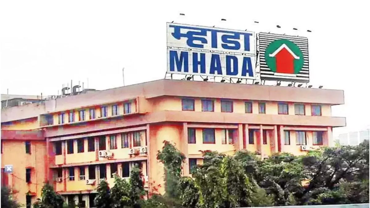 Official MHADA headquarters building in Mumbai with signage visible.