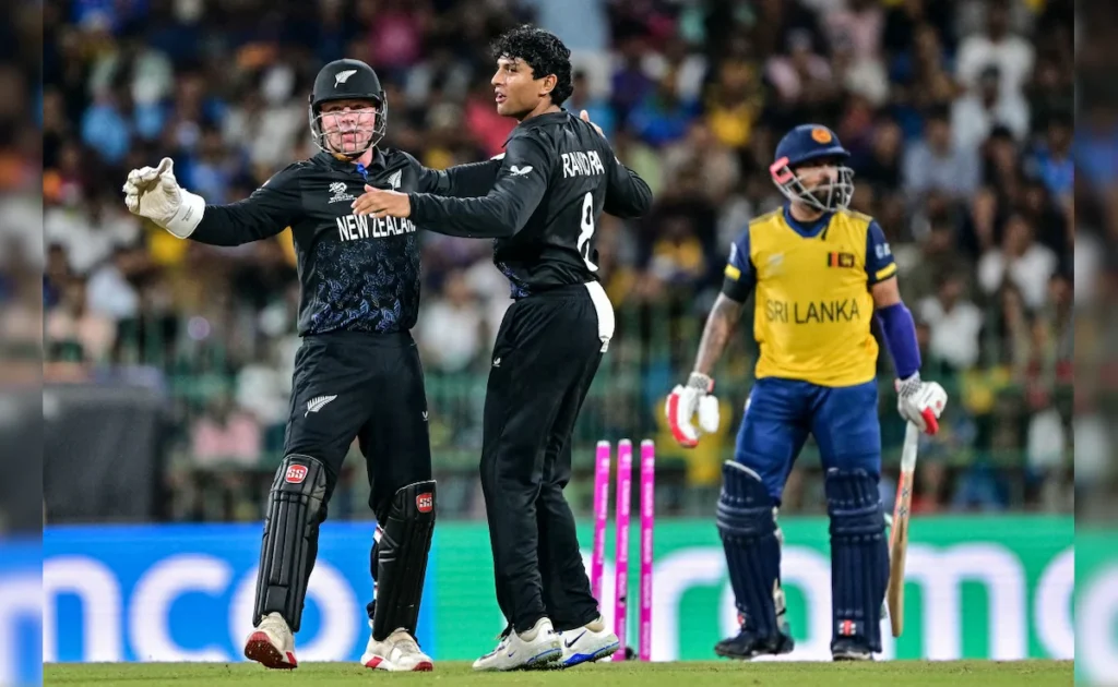 Mitchell Santner playing a sweep shot toward the short 62-meter boundary against Sri Lanka.