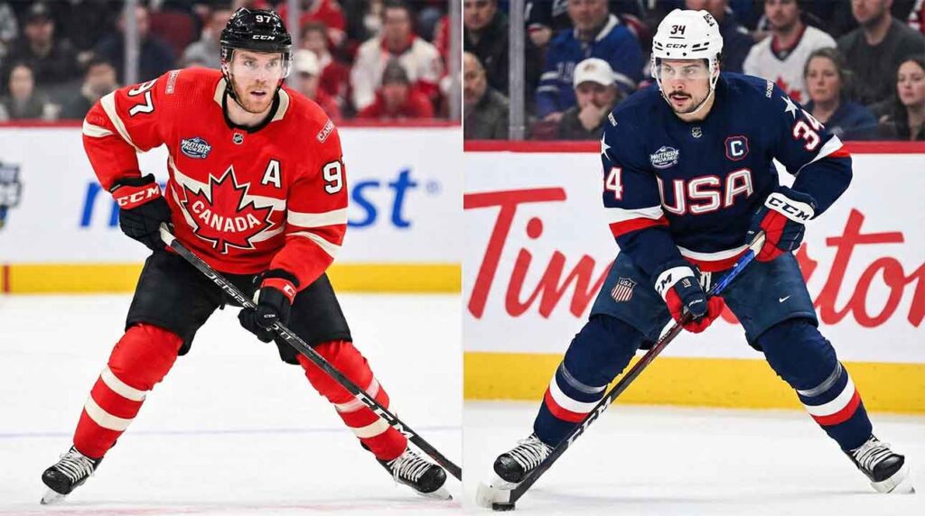 NHL stars Connor McDavid and Auston Matthews in national jerseys alongside Team USA Olympic practice session.