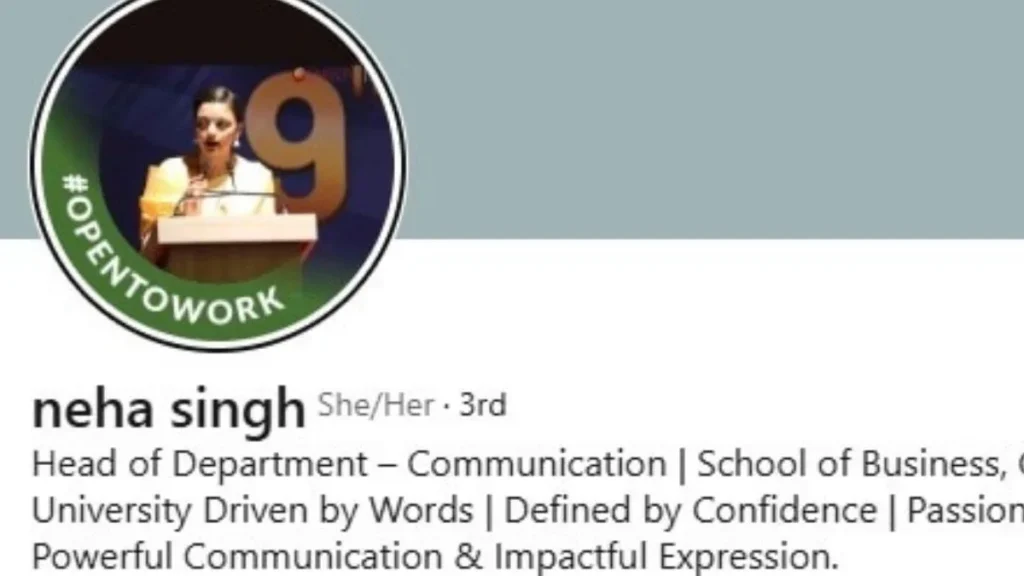 Neha Singh Galgotias University LinkedIn profile showing Open To Work frame after robot dog controversy.