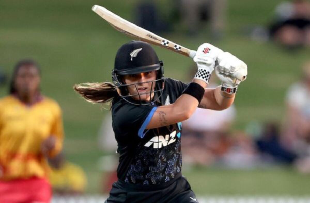 New Zealand captain Amelia Kerr batting during her maiden T20I century against Zimbabwe Women.