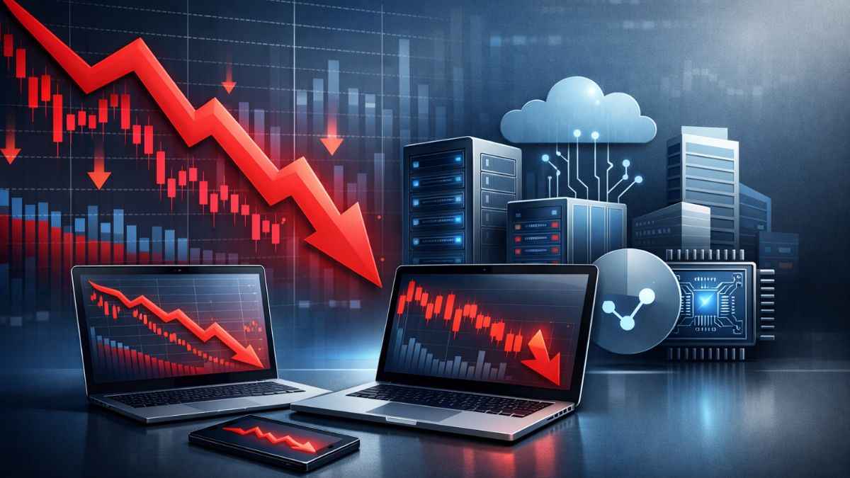 A digital graph showing a sharp red downward arrow over laptop screens and server icons, representing an IT market crash.