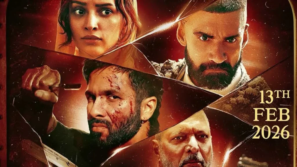 Movie poster of O' Romeo featuring a bloodied Shahid Kapoor and a stern Vishal Bhardwaj cast.