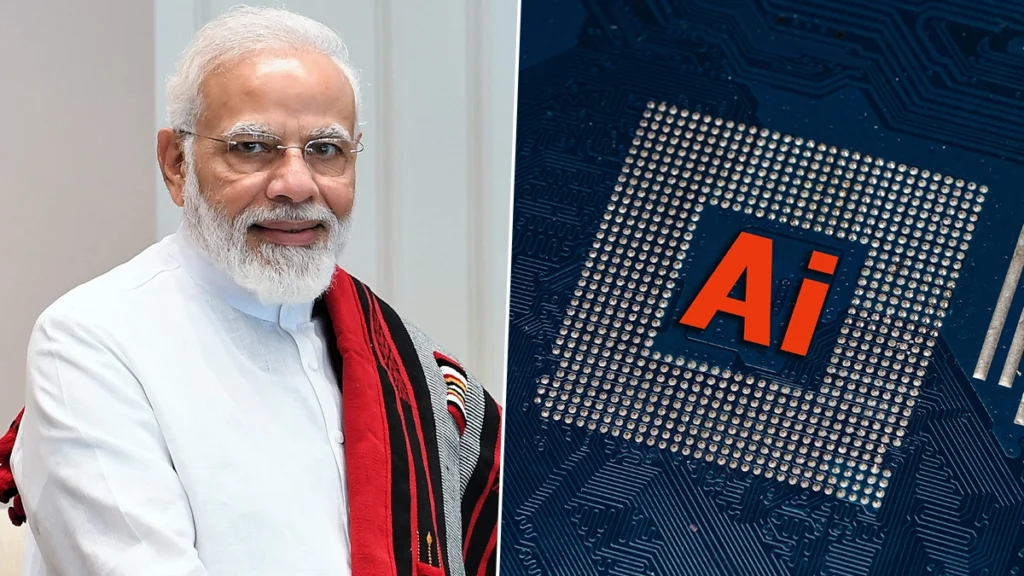 PM Narendra Modi in a white kurta and red stole alongside an AI processor chip graphic.