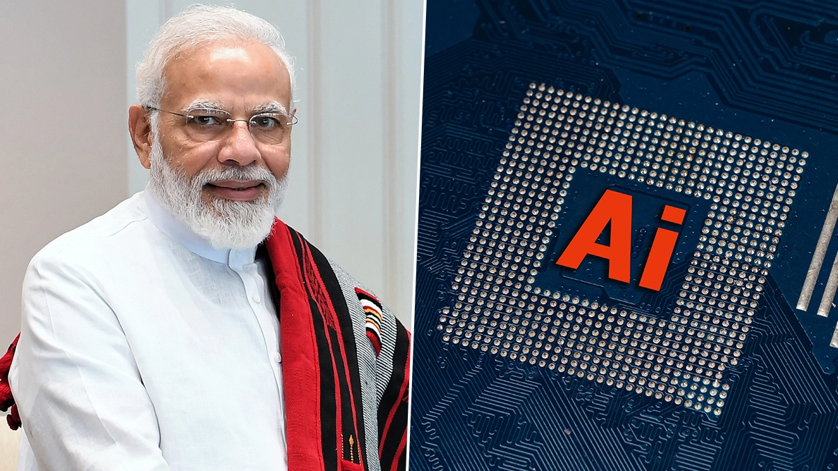 PM Narendra Modi in a white kurta and red stole alongside an AI processor chip graphic.