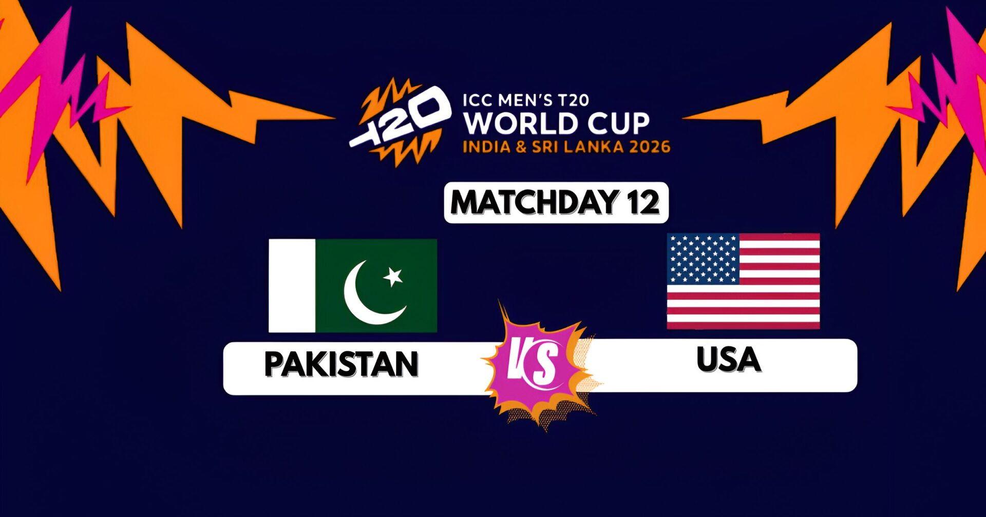 Pakistan and USA cricket teams' graphics for ICC Men's T20 World Cup 2026 Matchday 12.