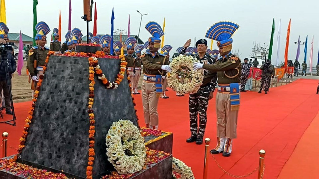 CRPF officers laying a floral wreath at the Pulwama martyrs memorial on the 7th anniversary.