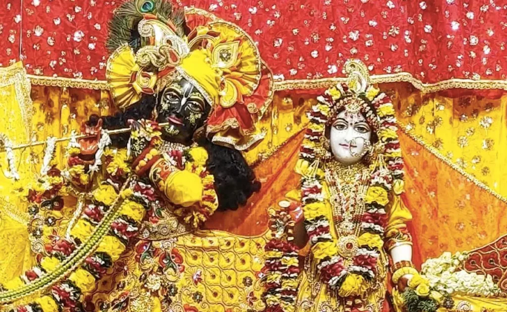 Radha Krishna playing with flowers on Phulera Dooj 2026 in Vrindavan temple