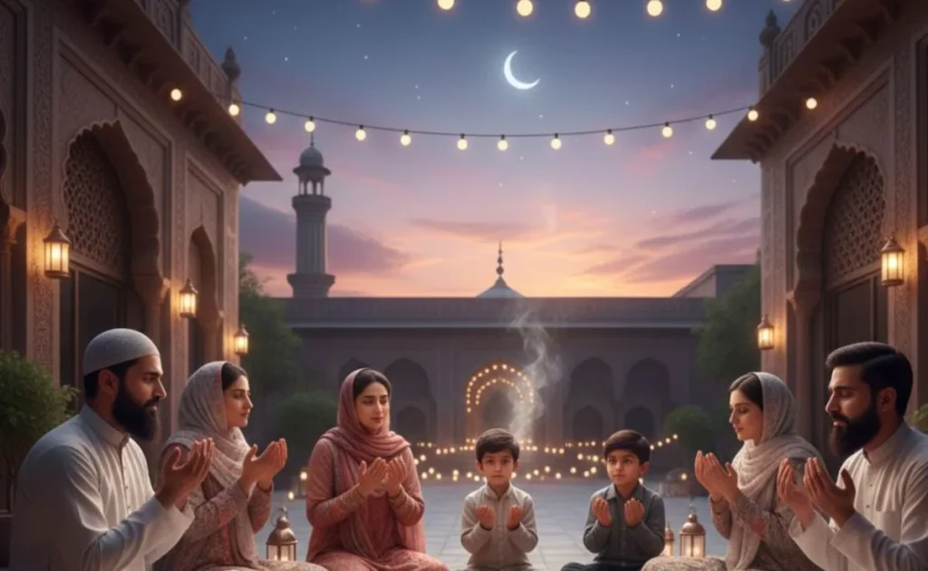 A Muslim family sitting together outdoors under a crescent moon, praying before breaking their fast during Ramzan.