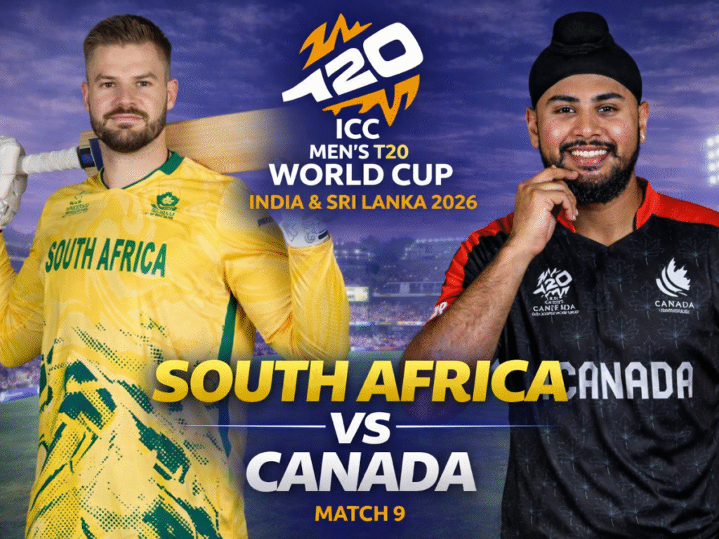 Aiden Markram and Navneet Dhaliwal standing with bats for SA vs Canada T20 World Cup 2026 match promo.