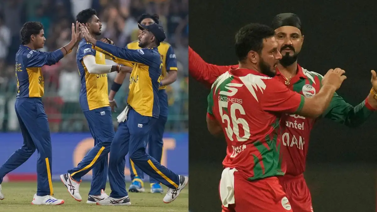 Sri Lanka and Oman players during T20 World Cup match celebration and batting action.