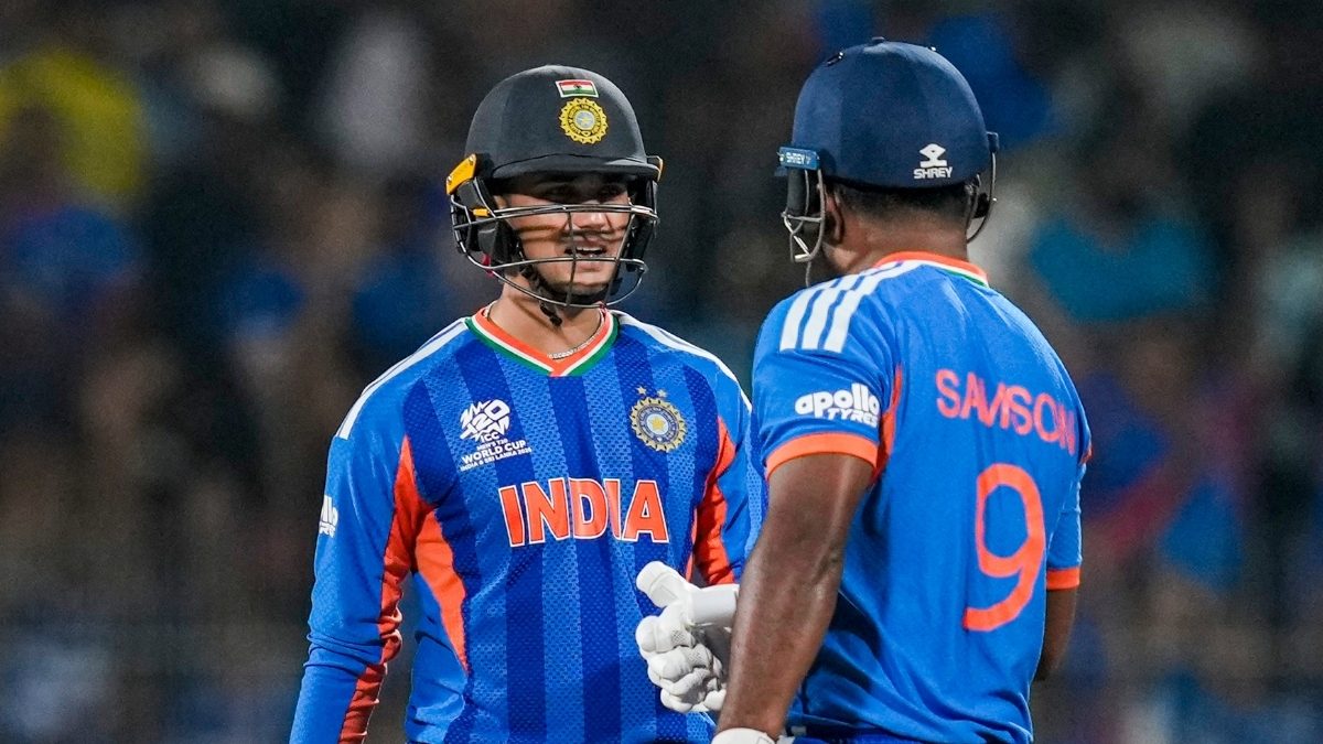 Sanju Samson and Abhishek Sharma batting aggressively during India's T20 World Cup match at Chepauk.