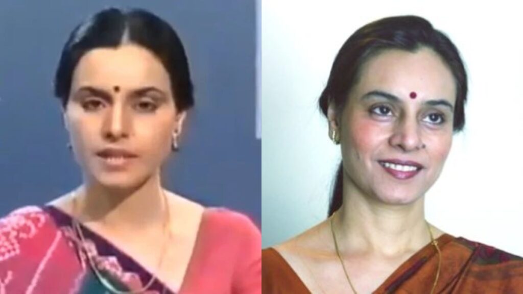 Portrait of veteran Doordarshan newsreader Sarla Maheshwari during a broadcast and in later years.