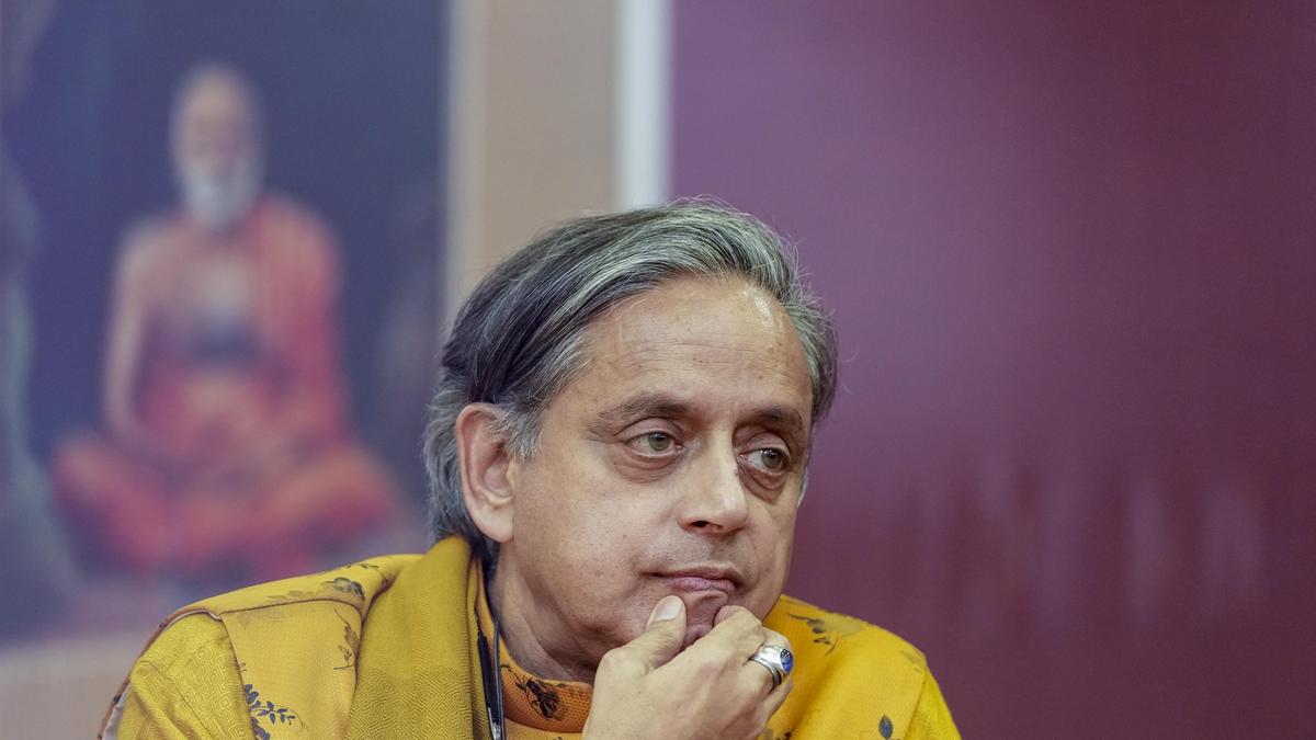 Shashi Tharoor addressing a press meet regarding the Union Cabinet's approval of the Kerala name change to Keralam