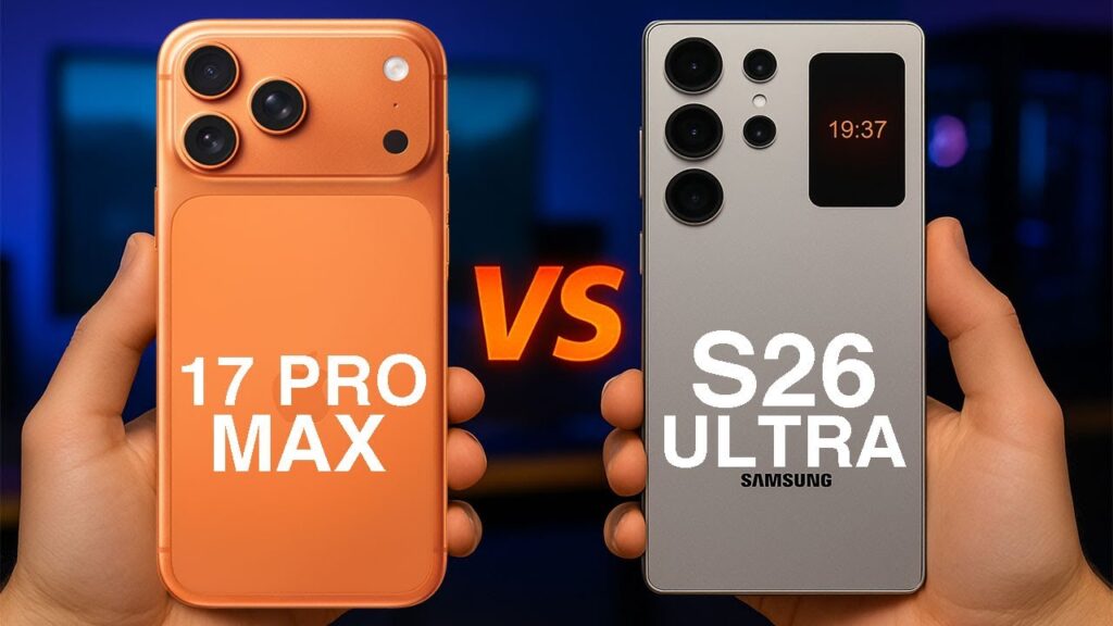 Side-by-side comparison of Samsung Galaxy S26 Ultra and iPhone 17 Pro Max displaying camera modules.