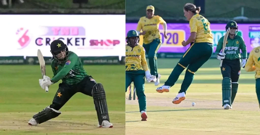 South Africa women's cricket player celebrates a wicket against Pakistan in a T20I match.