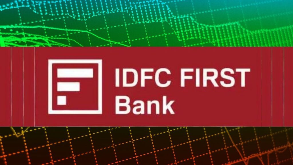 Stock market display showing Sensex gains and a sharp decline in IDFC First Bank share price.