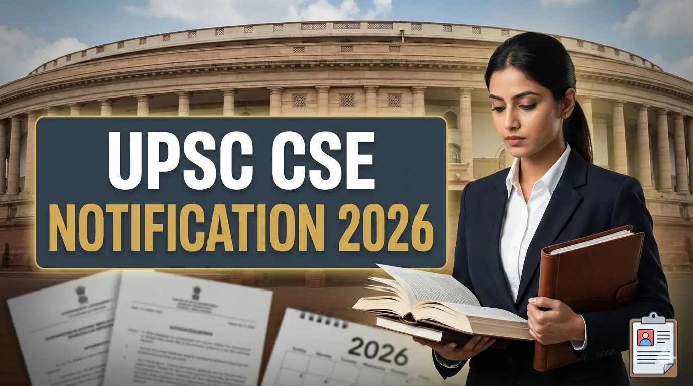 Official UPSC CSE 2026 notification announcement banner showing 933 vacancies and India Gate.