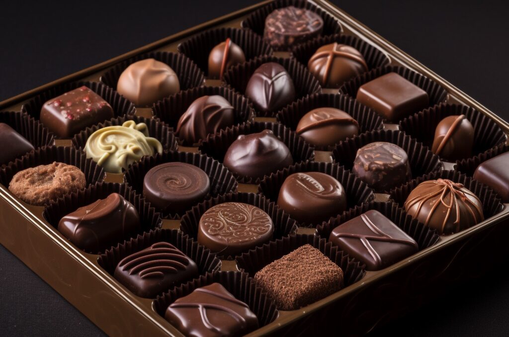 A luxury box of assorted dark and milk chocolates displayed against a dark background.