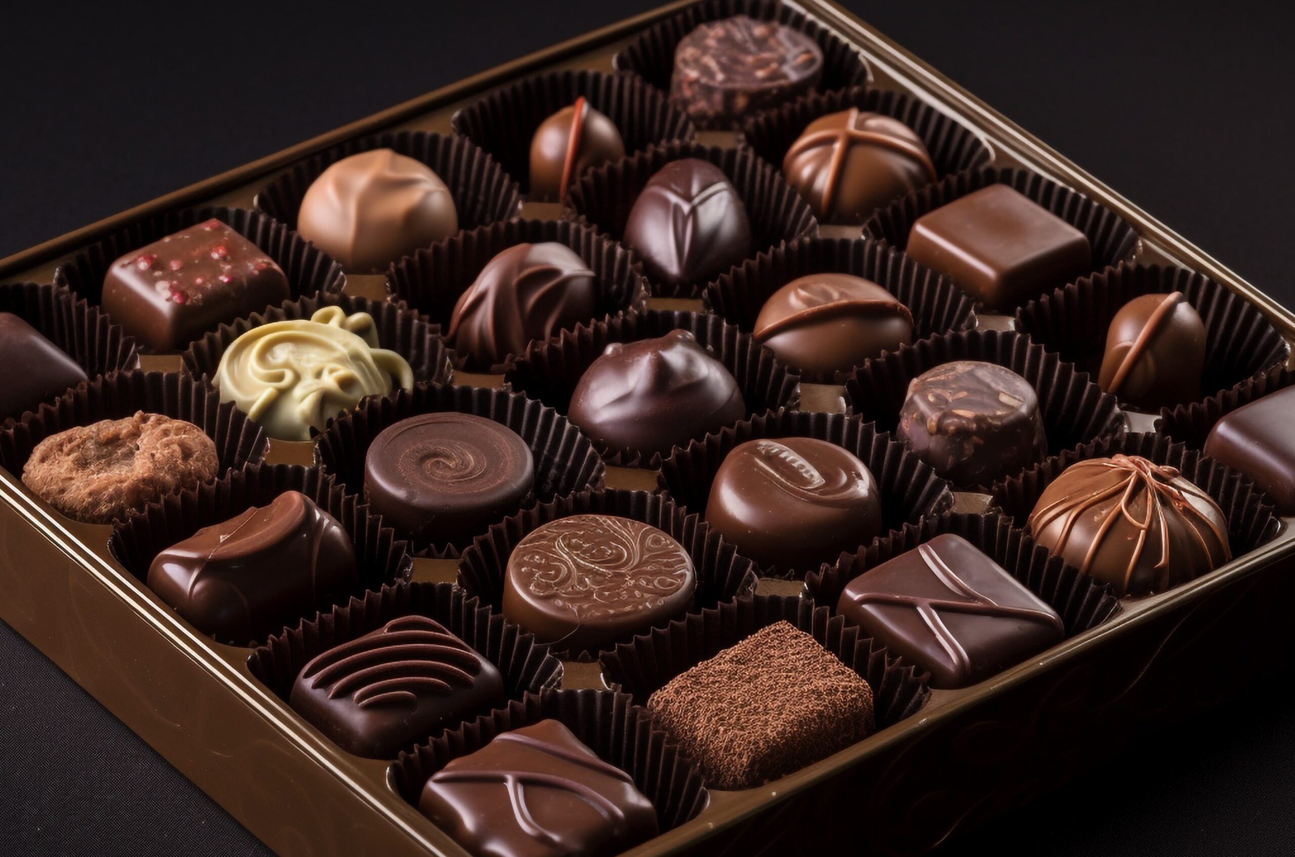 A luxury box of assorted dark and milk chocolates displayed against a dark background.