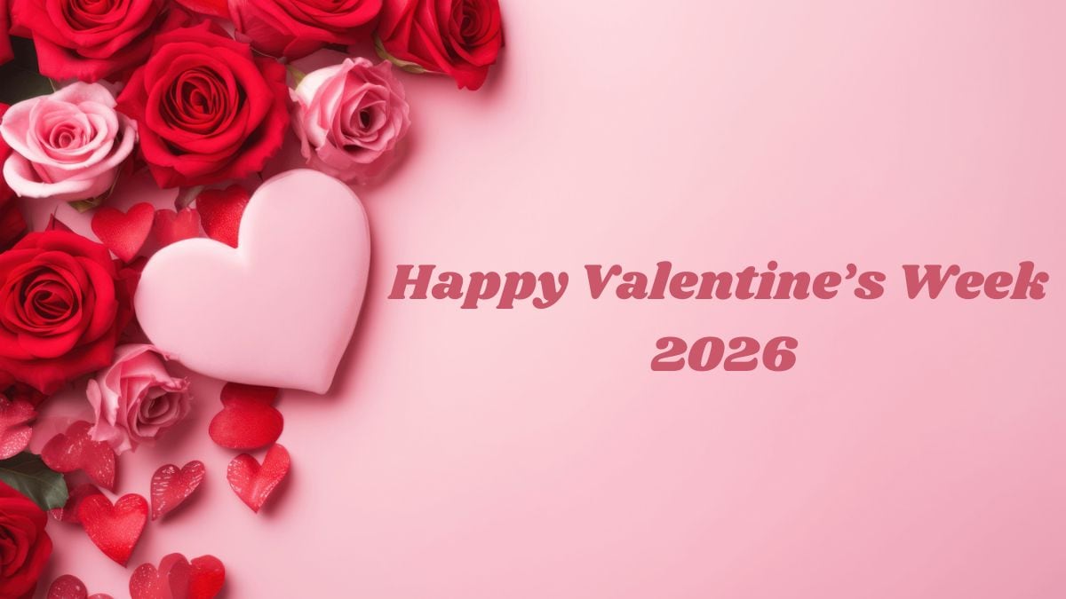 A pink background with red roses and a heart-shaped balloon for Valentine's Week 2026.