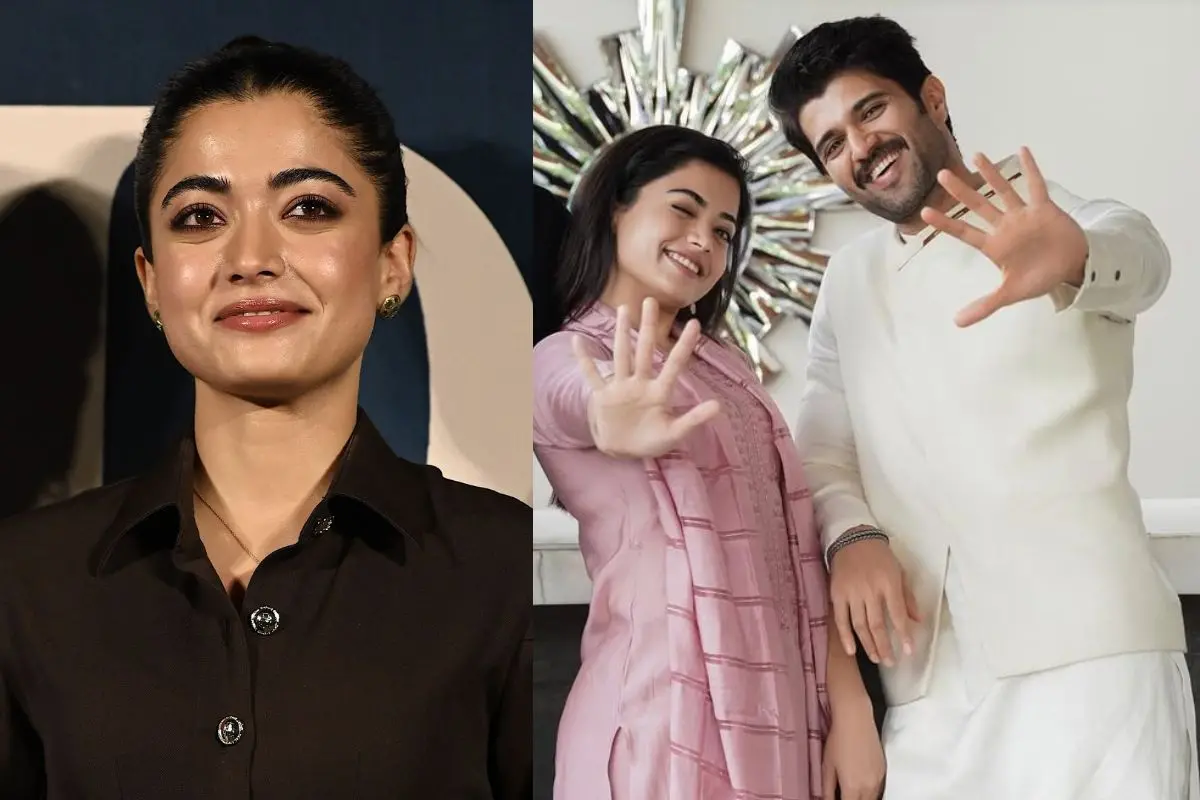 Vijay Deverakonda and Rashmika Mandanna posing together at a public event.