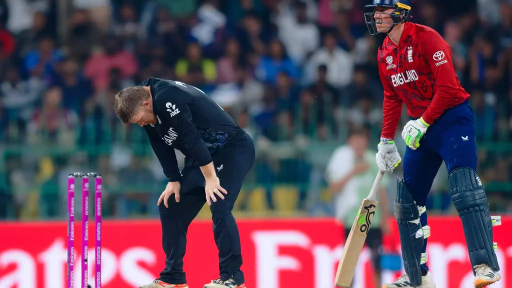 Will Jacks hitting a boundary during the crucial Glenn Phillips 18th over in the T20 match