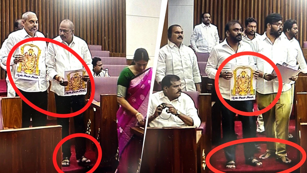 YSRCP members protesting with Lord Venkateswara photos in Andhra Pradesh Legislative Council.