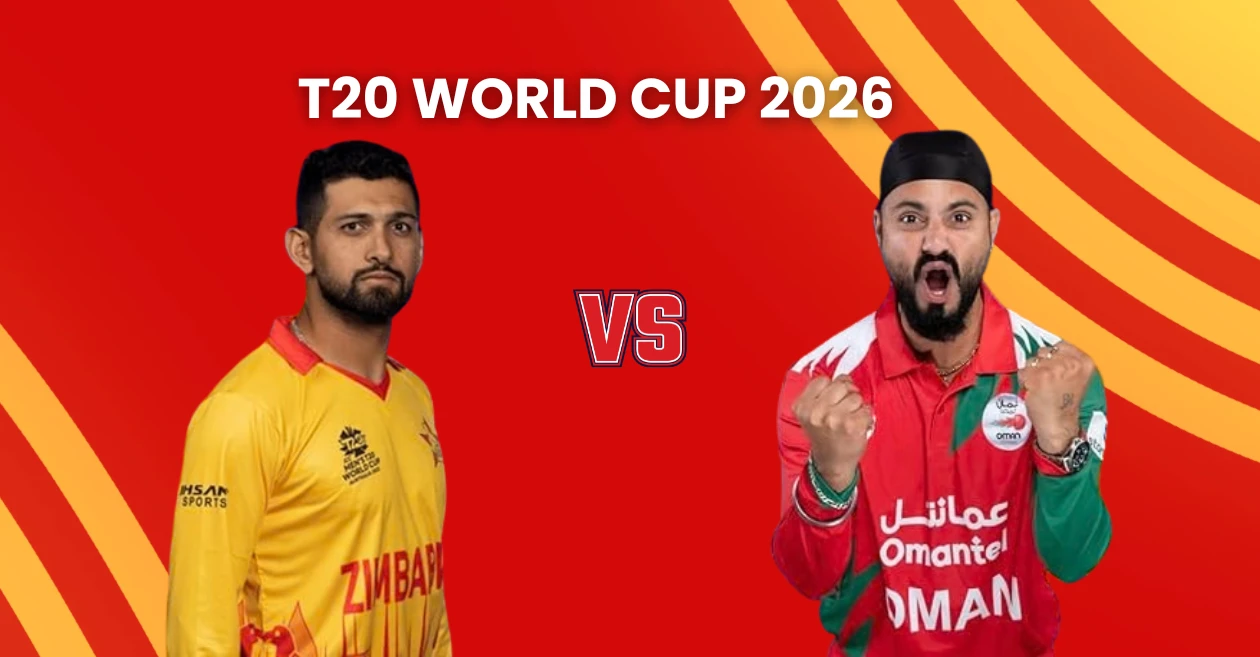 Zimbabwe's Sikandar Raza and Oman's Aqib Ilyas in T20 World Cup 2026 jerseys.