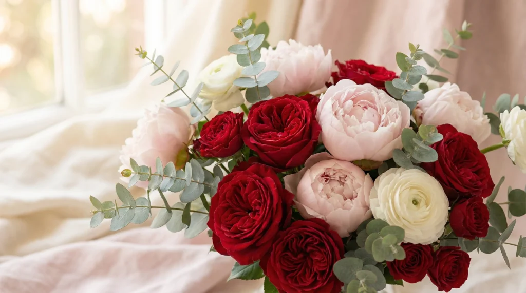 A vibrant bouquet of red roses, pink peonies, and white ranunculus with eucalyptus leaves for Valentine's Day.