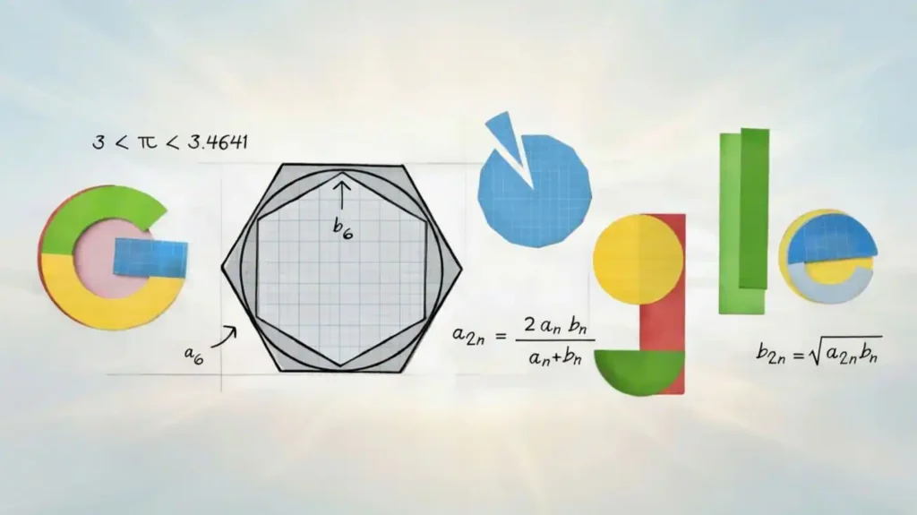 Google Doodle Pi Day 2026 artwork showing Archimedes calculating pi using the polygon method.