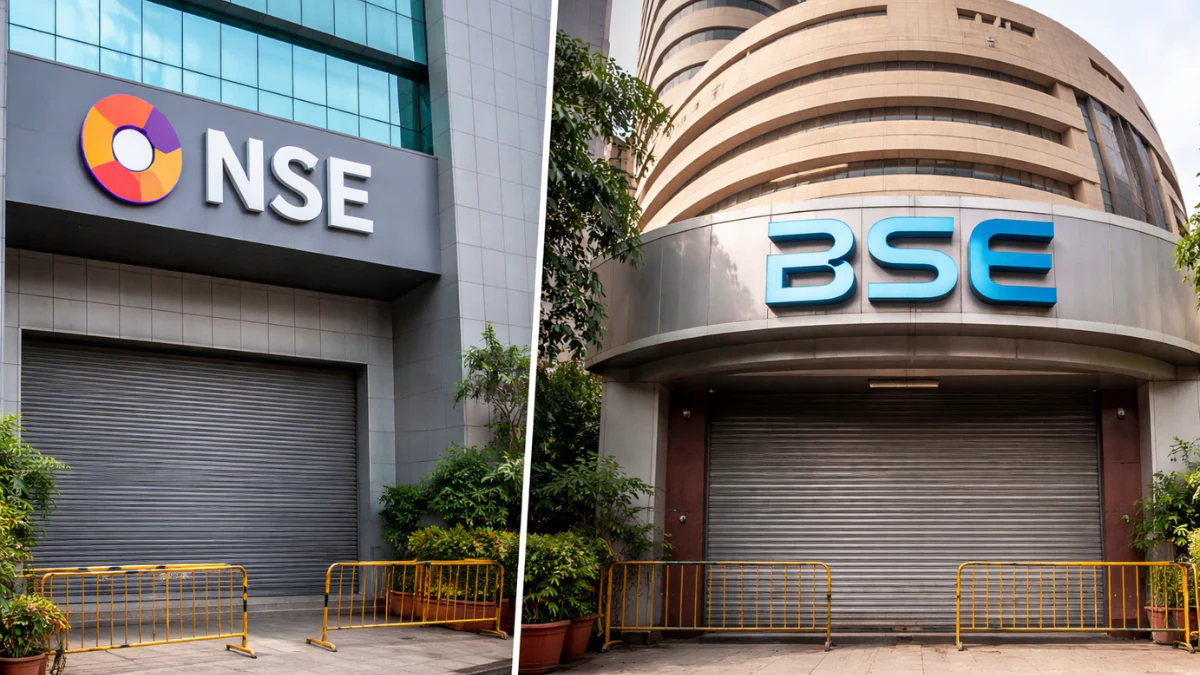 Bombay Stock Exchange building showing the stock market closed today for Ram Navami holiday.