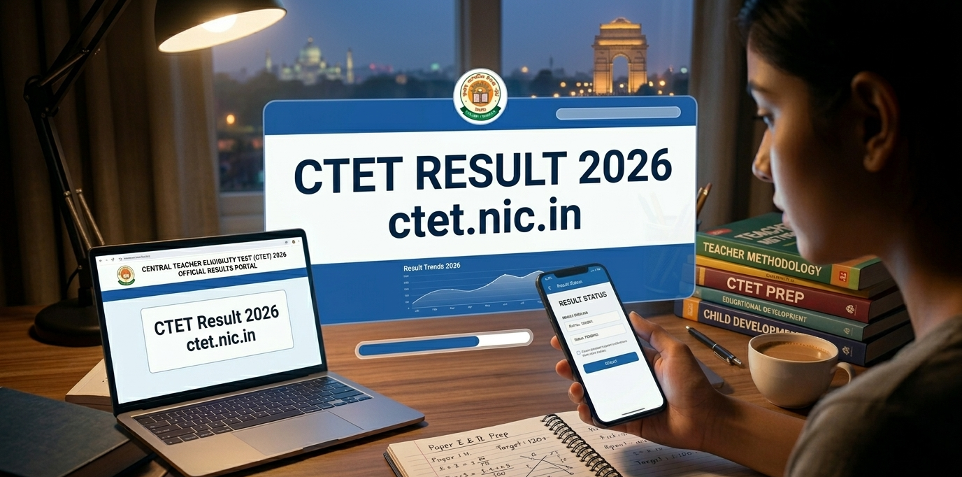 Candidate checking the CTET 2026 result and scorecard on a digital screen.