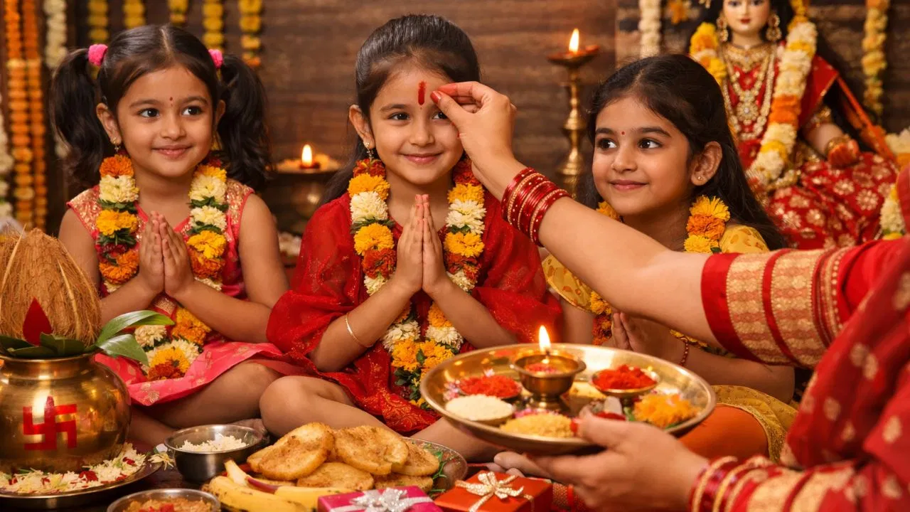 Devotees offering prasad during Chaitra Navratri Kanya Pujan in India.
