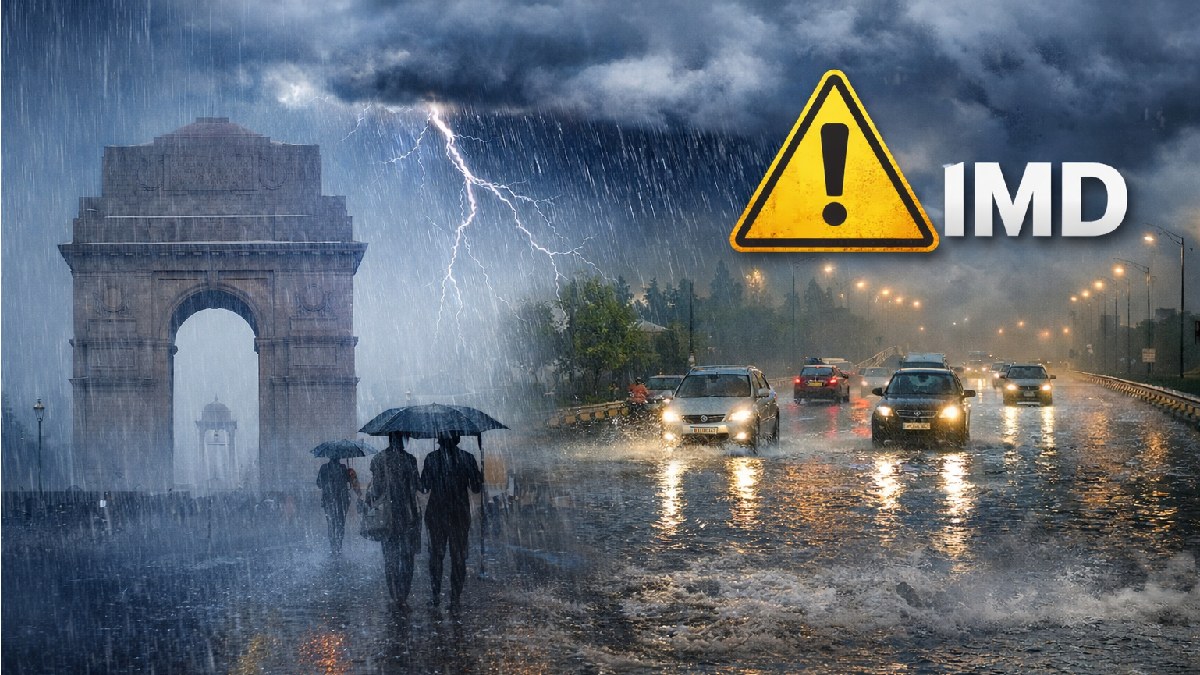 Rainfall in Delhi NCR with strong winds and cloudy sky during early morning hours