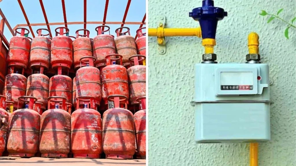 Modern kitchen stove connected to a piped natural gas line alongside an LPG cylinder.