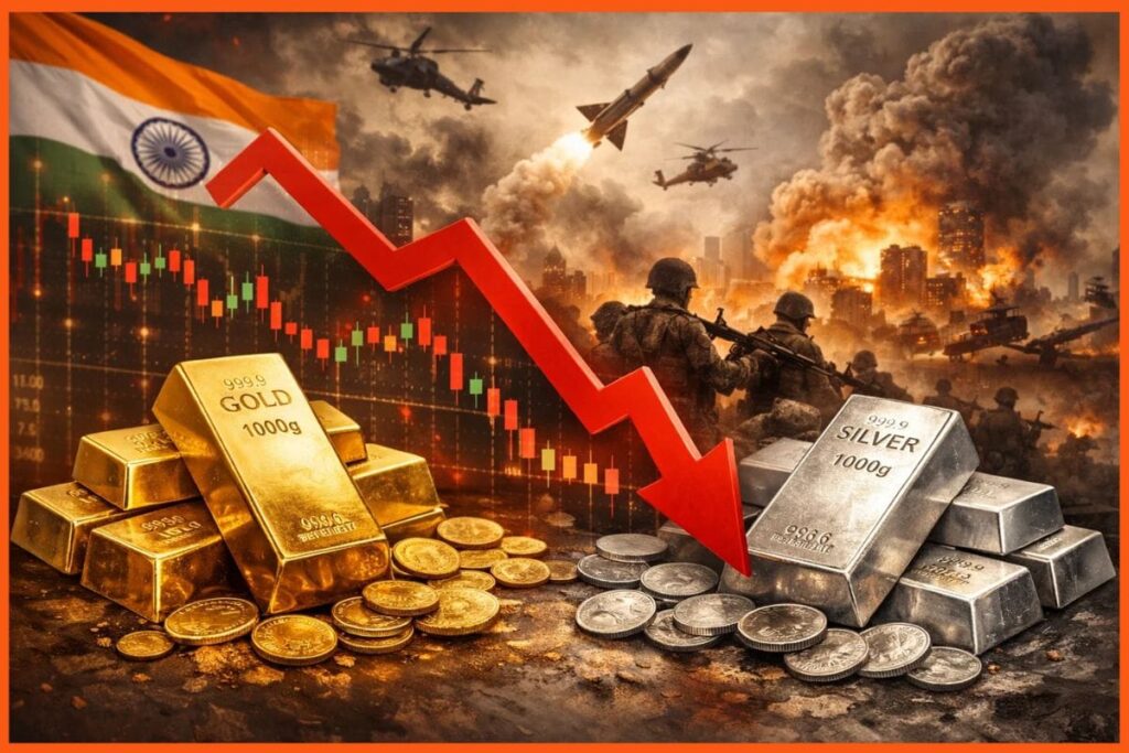 Latest gold and silver prices in India falling amid global market sell-offs and rising tensions.