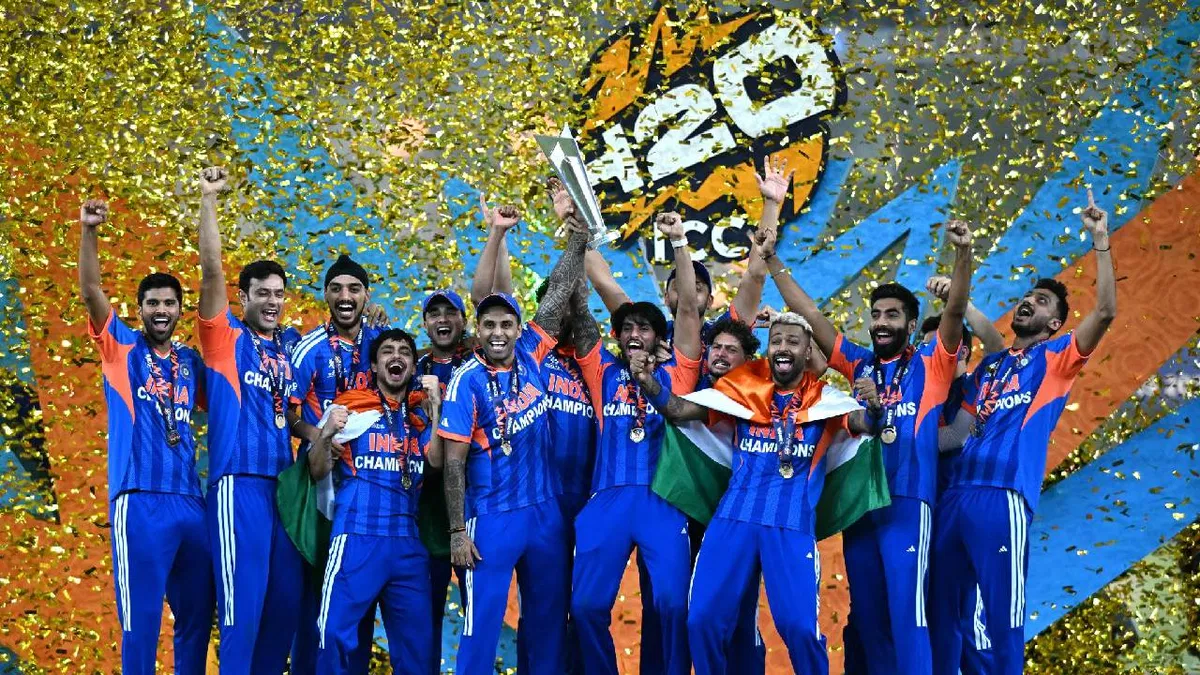 Indian cricket team lifting the T20 World Cup trophy in Ahmedabad