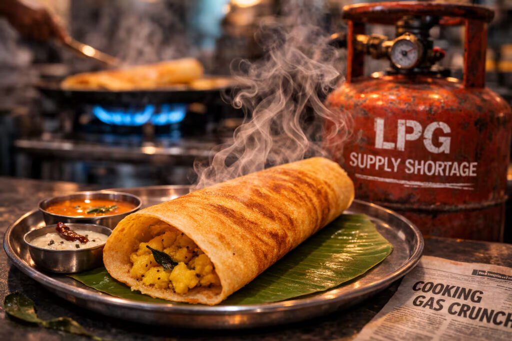 Traditional wood and coal fire used in an Indian commercial restaurant kitchen due to severe LPG shortage.