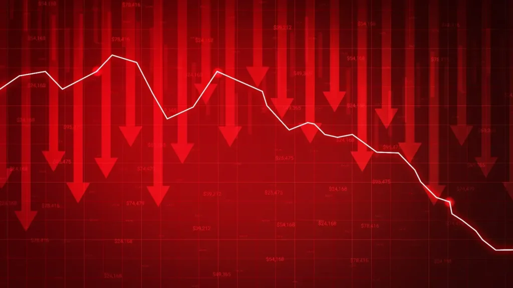 A red stock market ticker board showing the Sensex and Nifty fall today.
