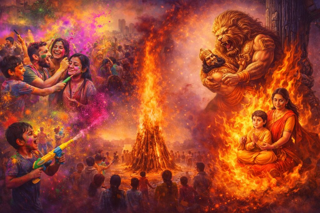 People celebrating Rangwali Holi with vibrant colours in India.