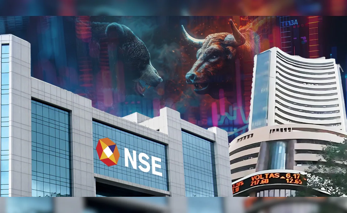 Red stock market ticker showing Dalal Street crash amid US-Iran geopolitical tensions.