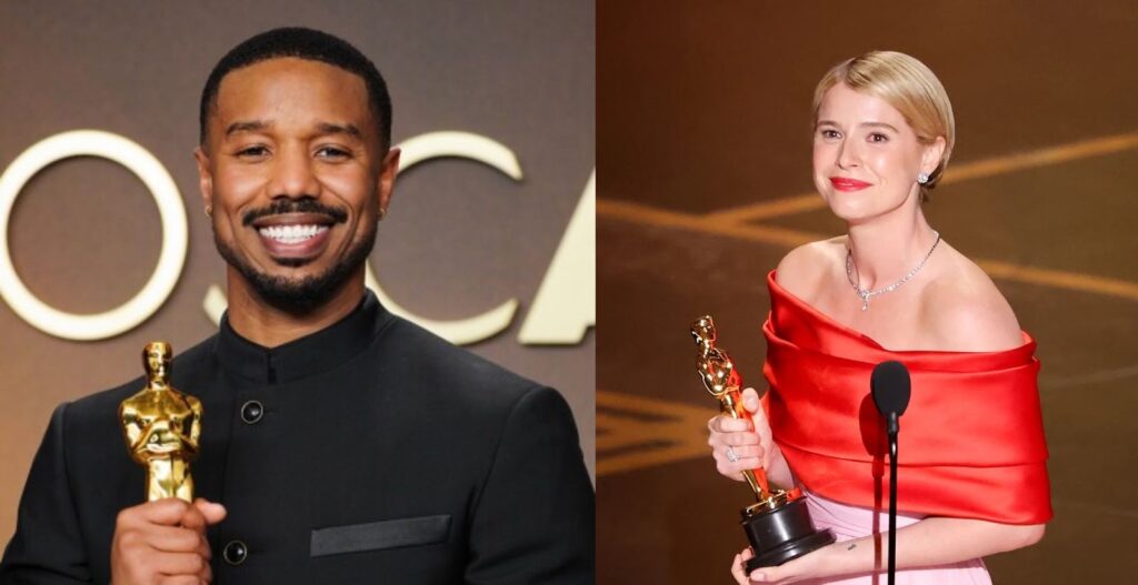 Jessie Buckley and Michael B. Jordan holding their Oscars 2026 Best Actress and Actor trophies.