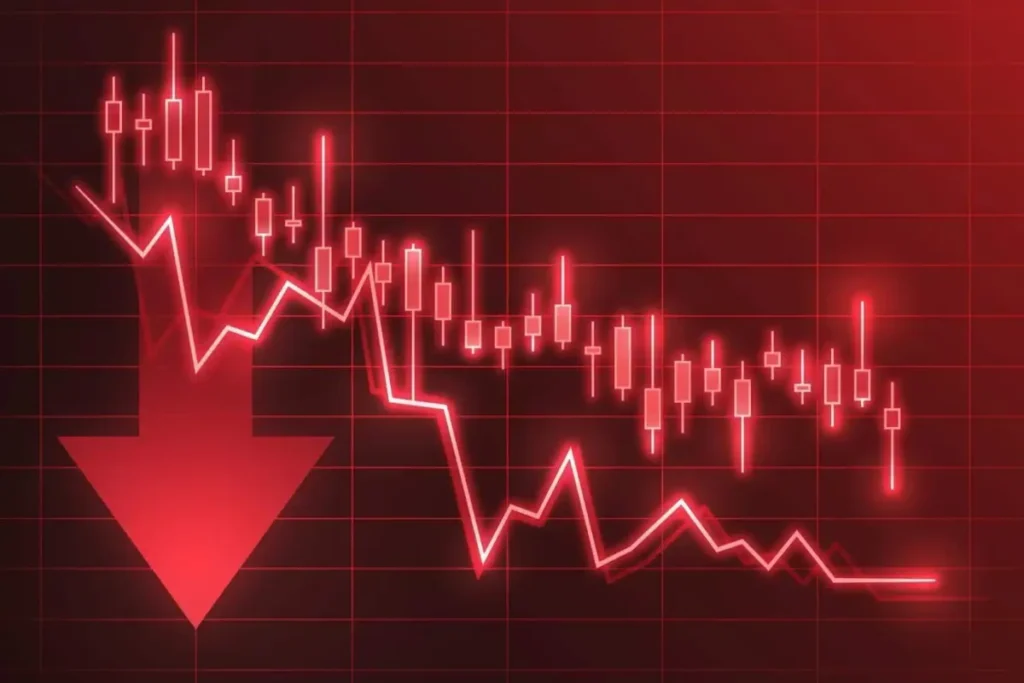 Red downward trending market graph indicating a massive stock market sell-off and wealth loss.